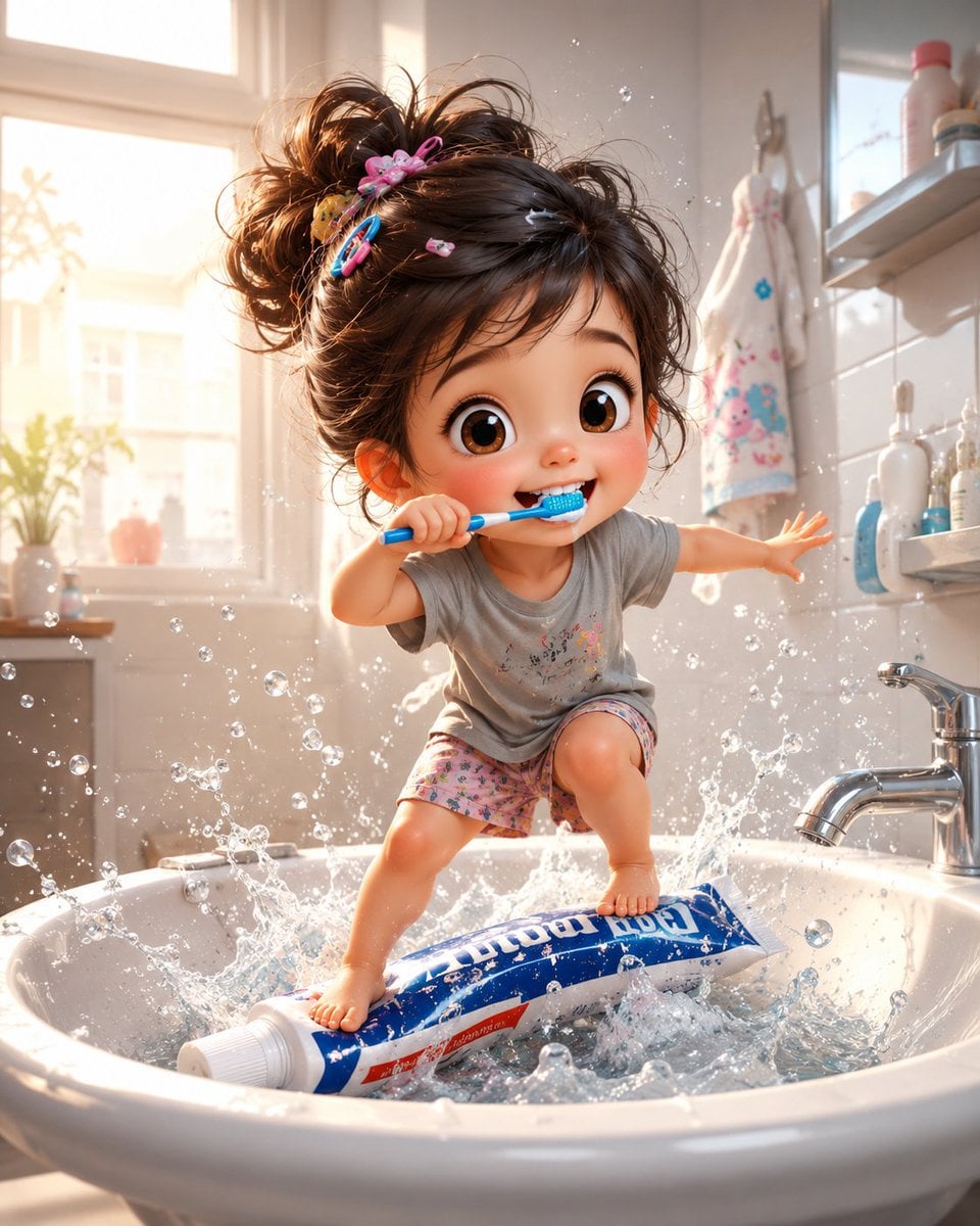A whimsical, ultra-detailed 3D illustration of a cute toddler girl wi…