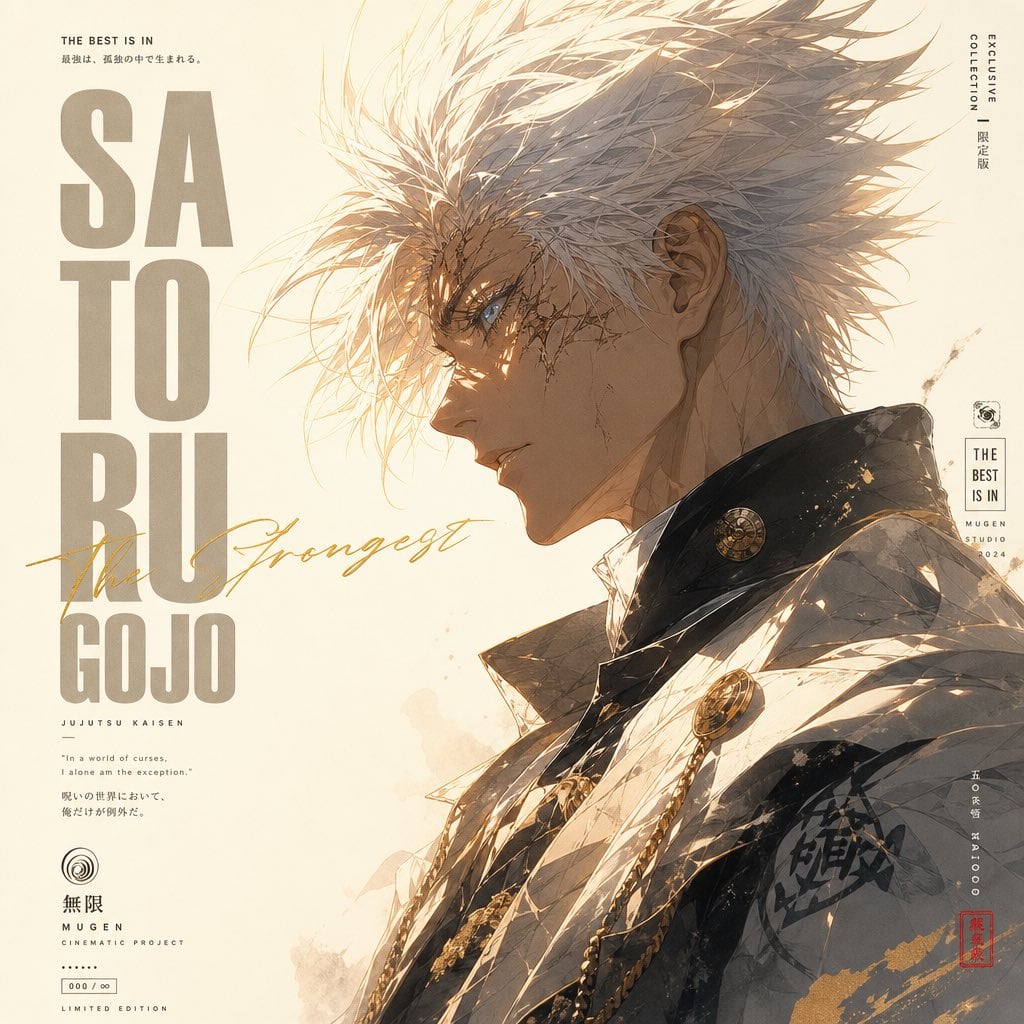 A minimalist high-fashion anime poster in vertical 9:16 format, featuring a side-profile portrait of an iconi…