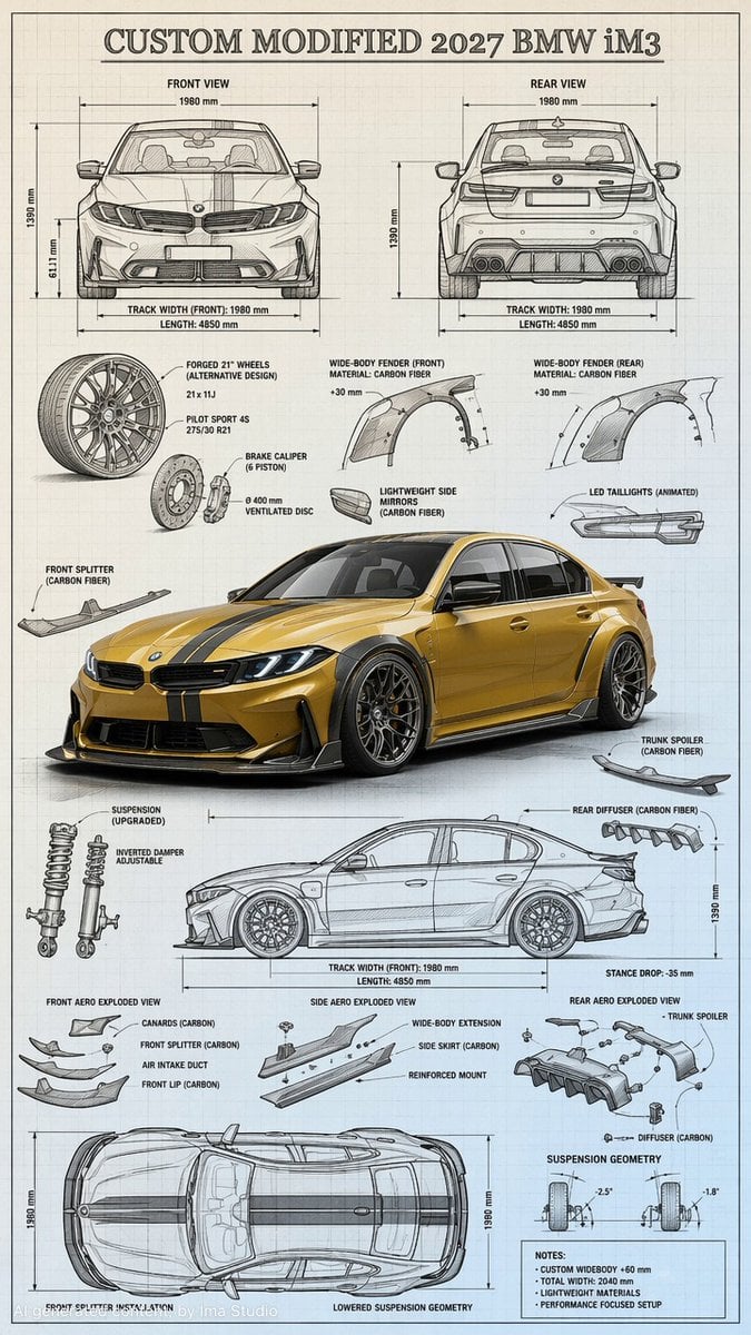 Highly detailed technical blueprint sketch and realistic 3D–render fusion of a custom modified car 2027 BMW i…