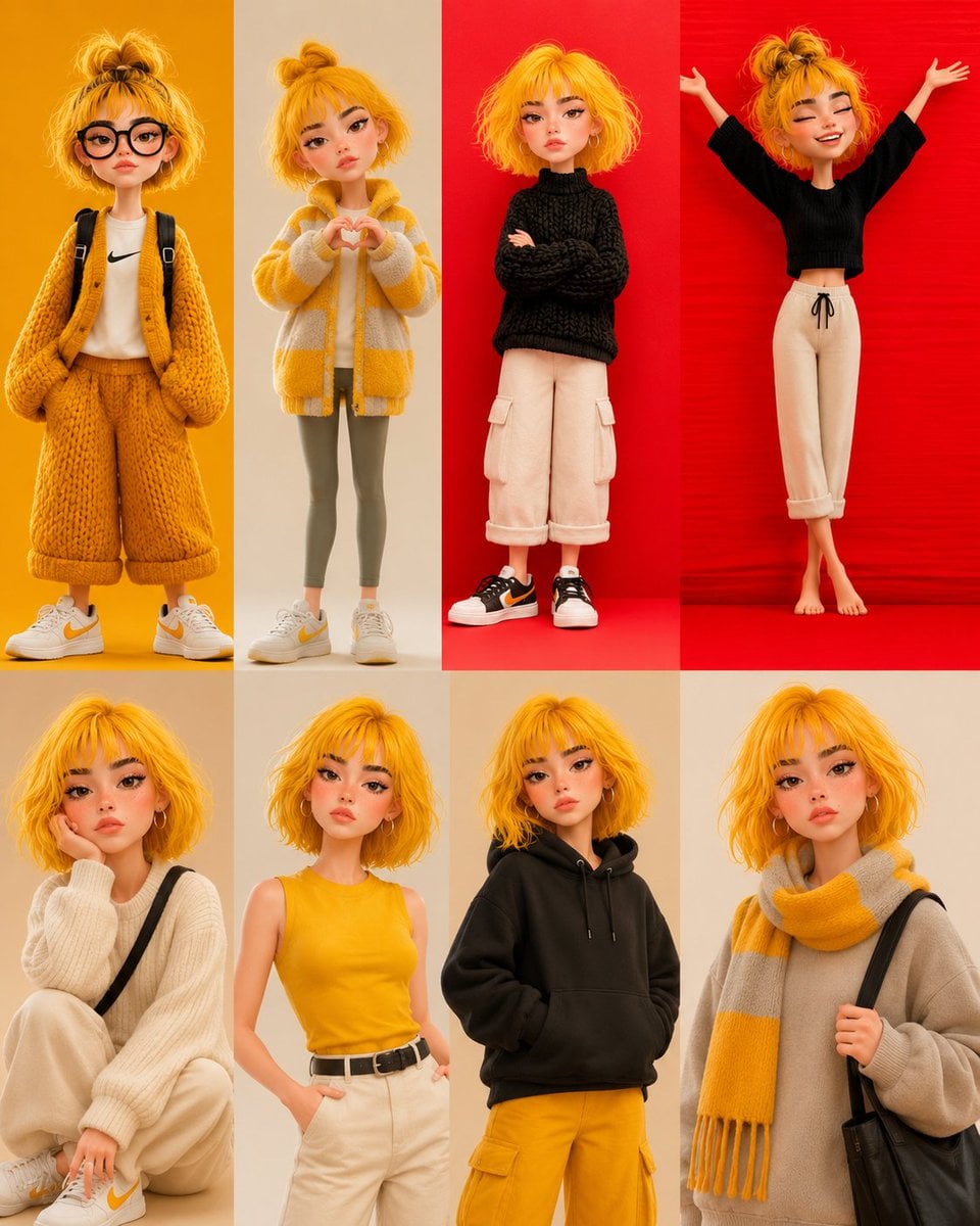 Ultra detailed stylized 3D Pixar-inspired girl collage, same female c…