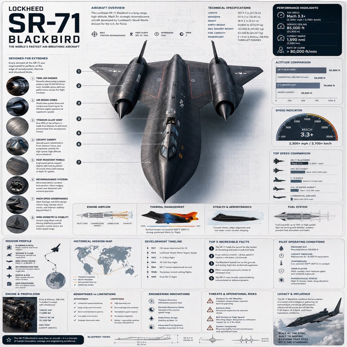 Create a premium square “reference-style aviation infographic” centered around the legendary Lockheed SR-71 B…