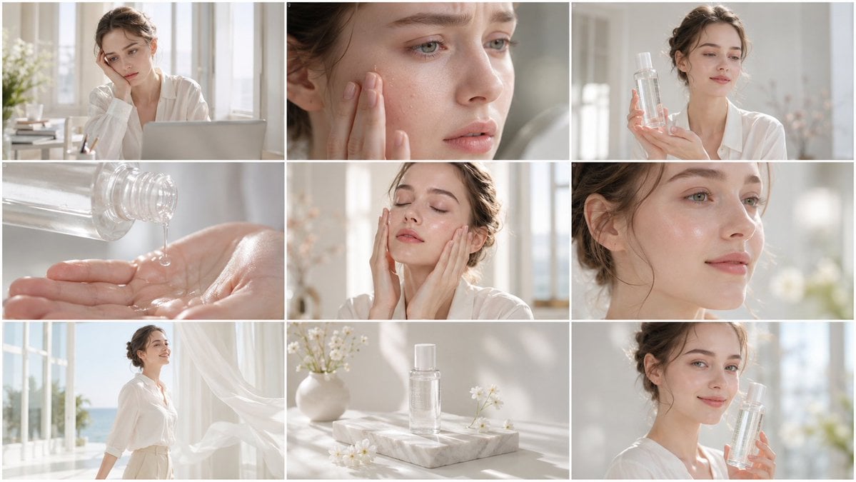 Create a clean, bright skincare commercial storyboard in a 16:9 layou…