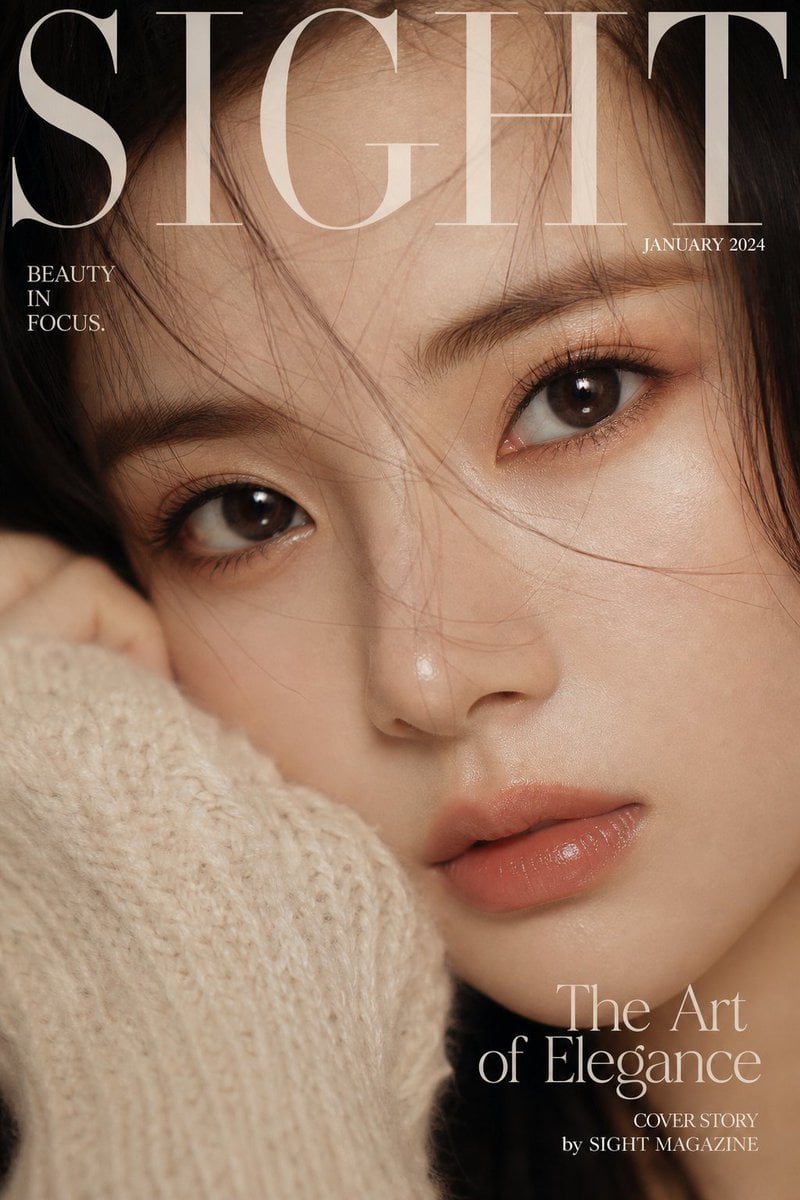 Luxury extreme close-up portrait, magazine cover style, title "SIGHT"…