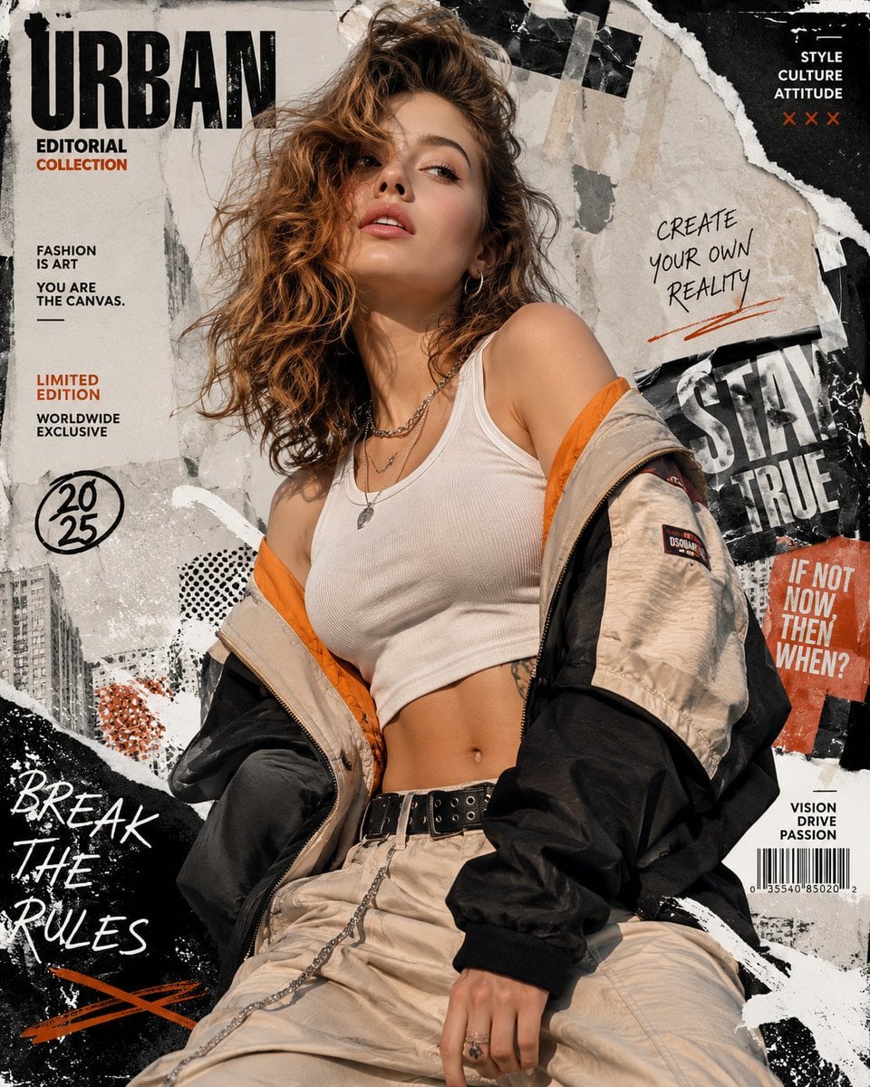 Create a high-resolution 8K portrait poster in an Urban Fashion Edito…
