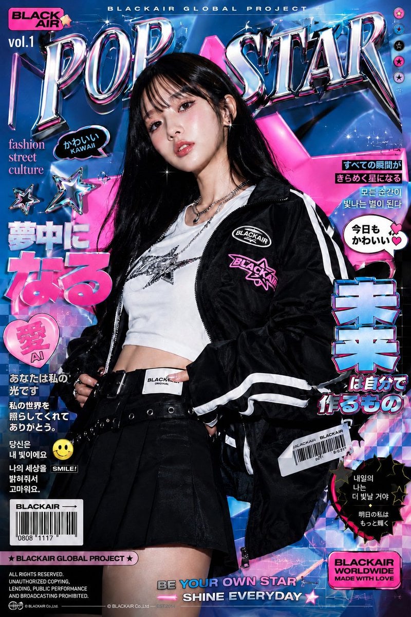 Ultra-stylized high-fashion editorial poster of a confident young Asian female model standing in the center f…