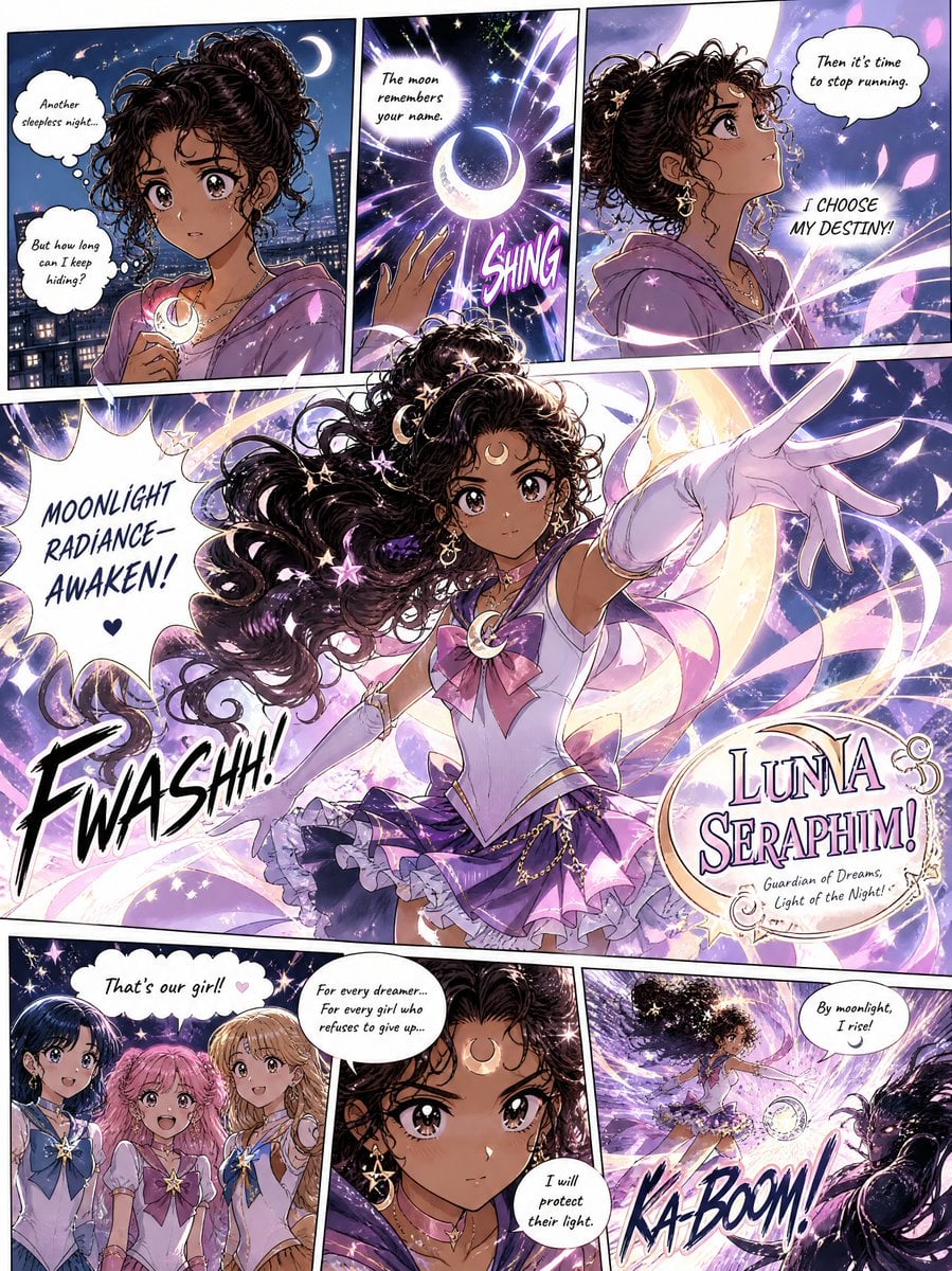 Create a full-page colored magical-girl manga illustration inspired by Sailor Moon aesthetics, based on the p…