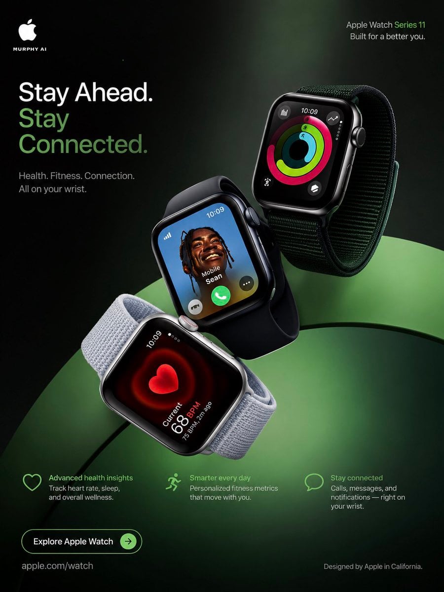 Ultra-premium 4:5 vertical luxury campaign poster for Apple Watch Series 11, 8K cinematic product photography…