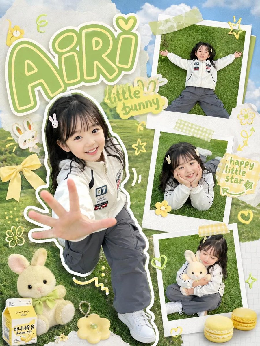 Kawaii scrapbook-style children photography poster, cute little girl with long black hair posing on green gra…
