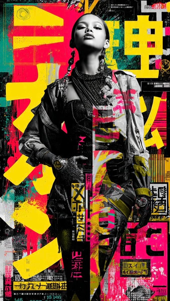 A striking, avant-garde editorial collage featuring a confident fashi…