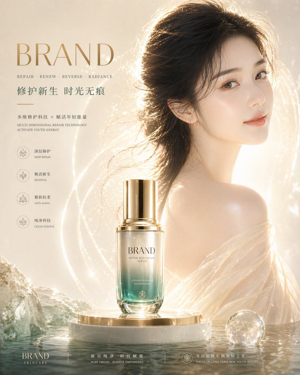重点强化皮肤质感: 肌肤通透白皙,真实细腻,毛孔隐约可见但干净,肤质均匀细滑,无瑕疵感,呈现健康水润光泽(dewy skin),高光集中在颧骨、鼻梁、额头与肩部,具有柔和镜面反射(specular highlight)…
