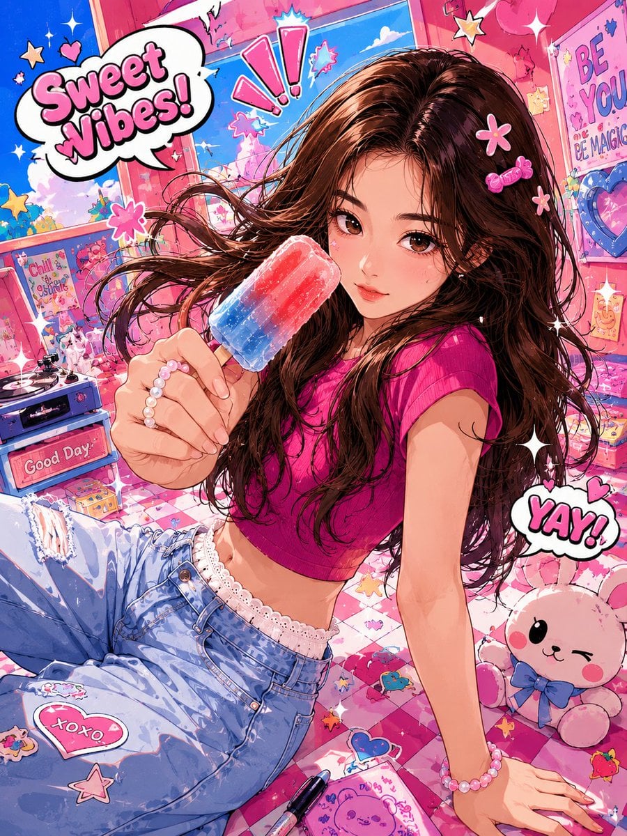 请基于upload image，创作一张 高饱和潮流动漫插画。保留人物基本辨识度，包括脸型、五官关系、发型基础和整体气质，但整体必须明显动…