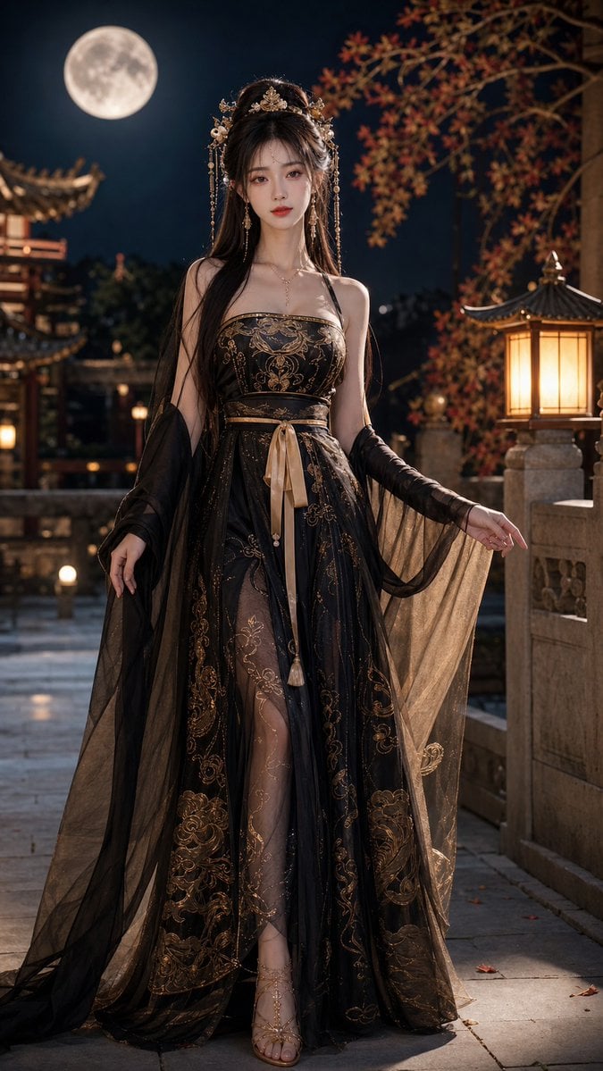 18歲中國美女，成年女性，精緻五官，長髮，身材修長，穿著性感但高雅的黑金色唐制齊胸襦裙改良漢服，薄紗披帛，金色雲紋刺繡，精緻髮飾，正面全身…