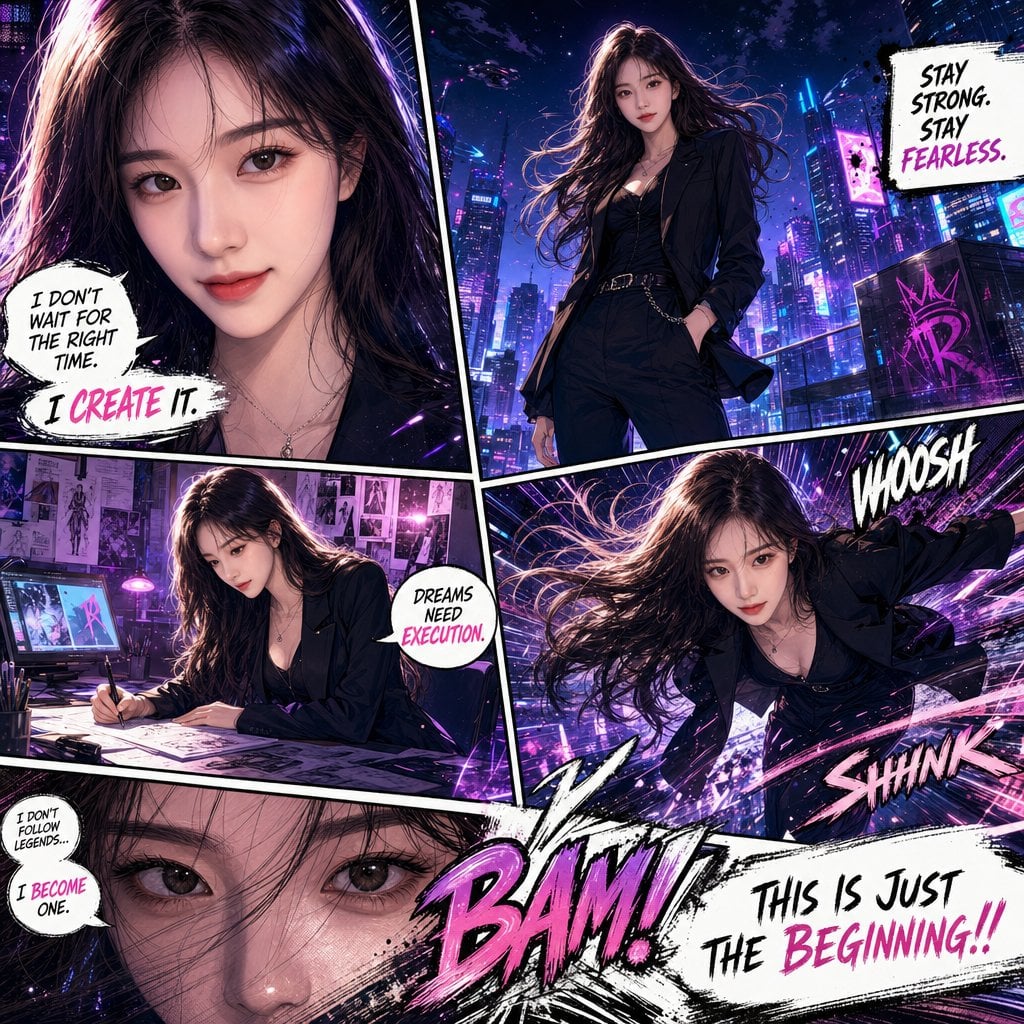 Create a full-page ultra-detailed colored manga illustration based on the provided reference photo. Preserve…
