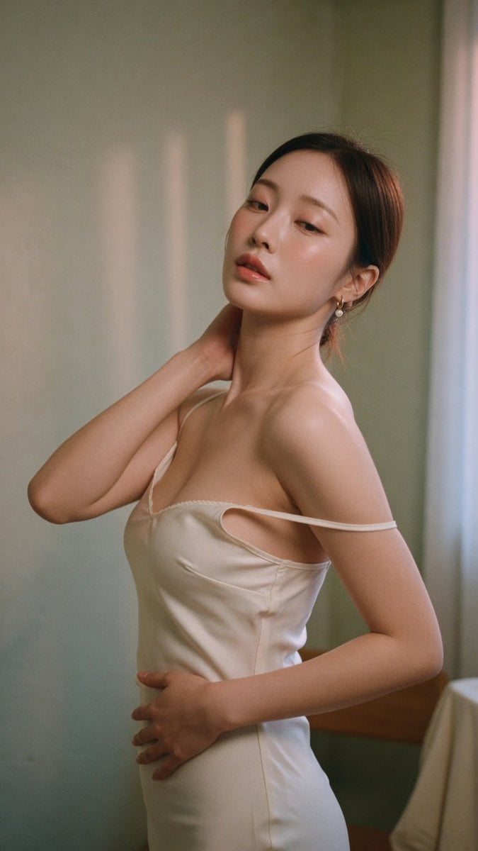 Realistic film photography, upper-body portrait of a beautiful adult…