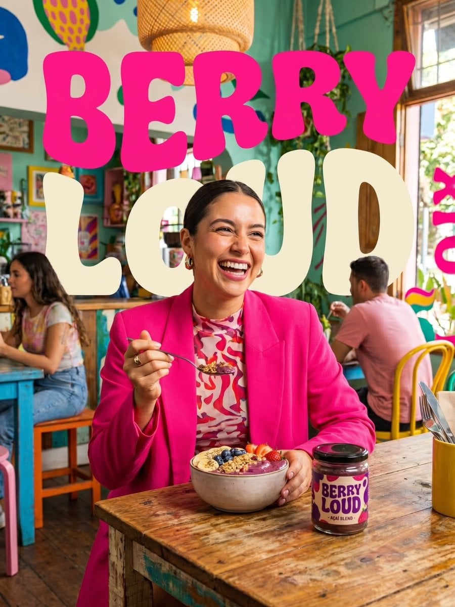 Vibrant lifestyle food advertisement, smiling woman in a bright hot pink blazer sitting inside a colorful tre…