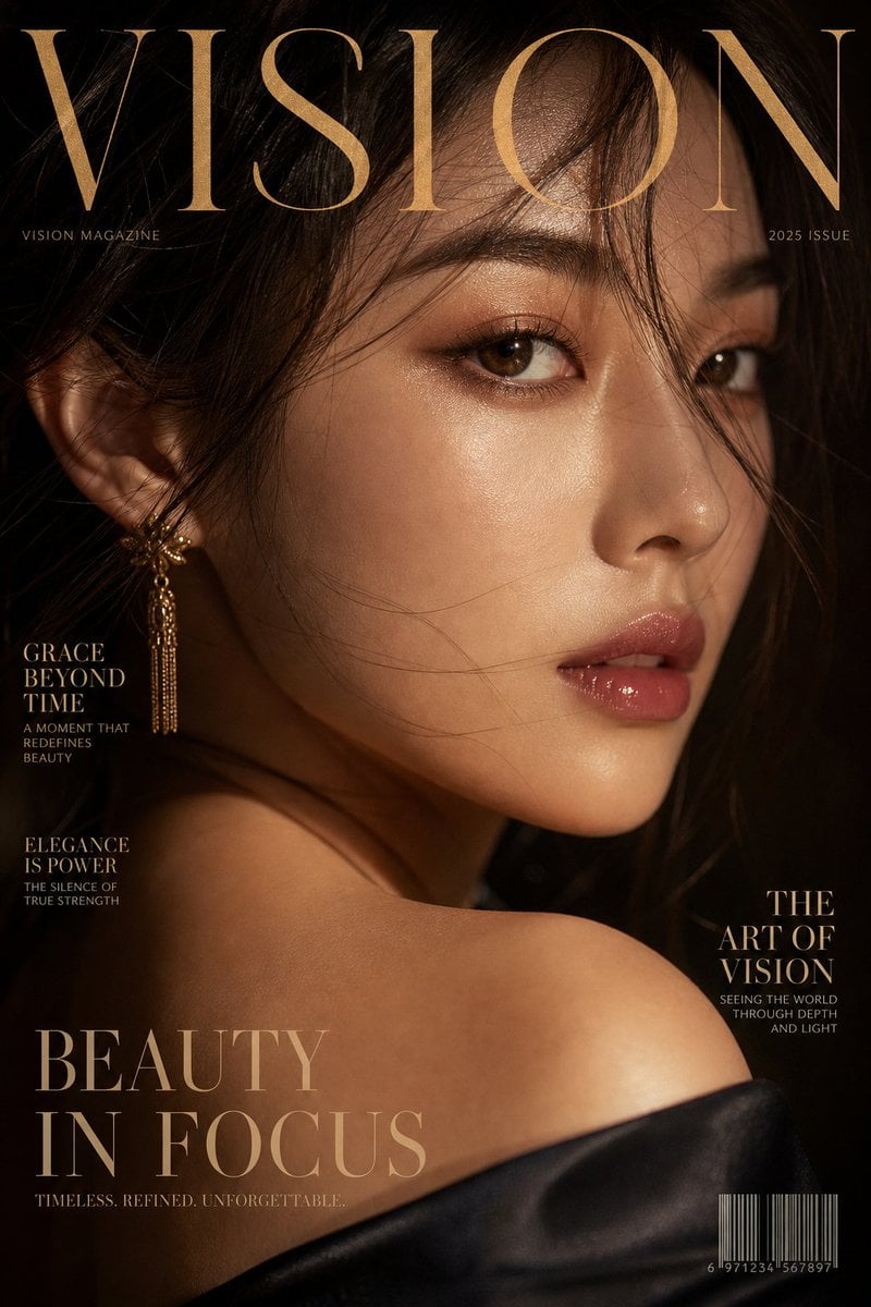 Luxury extreme close-up portrait, magazine cover style, title "VISION…