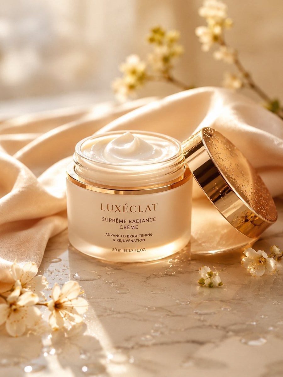 A premium skincare cream jar placed on a smooth marble surface, surro…