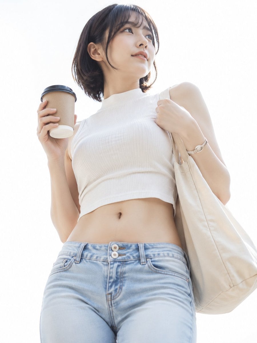 A fresh high-key white-background lifestyle portrait of a young woman…