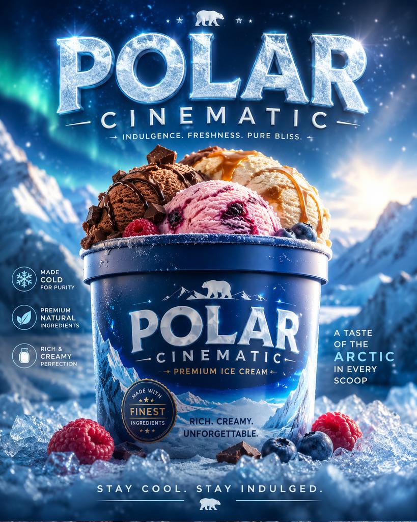 Create a captivating advertisement featuring a photo container of ice cream titled " Polar Cinem atic ." High…