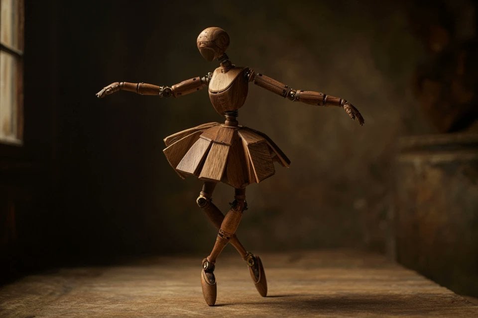 A wooden automaton version of a [subject], jointed with brass pins, n…