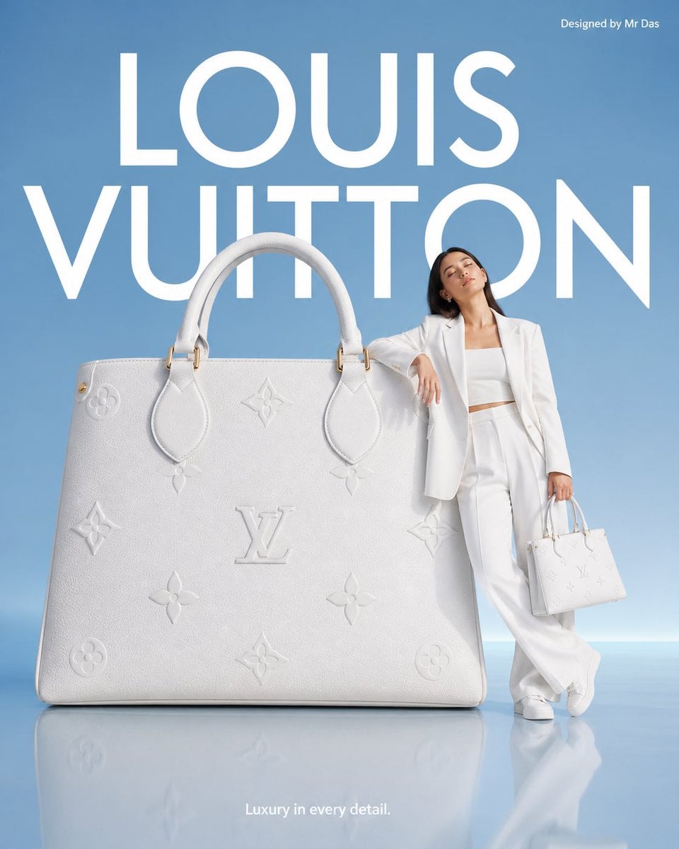 Minimalist commercial ad featuring oversized white Louis Vuitton handbag, ultra-clean design. A young woman i…