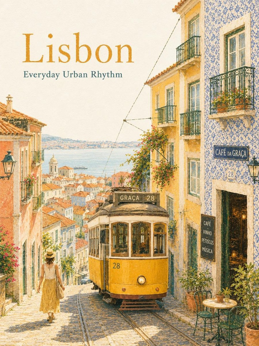 Dreamy vintage travel poster illustration of Lisbon, Portugal, featur…