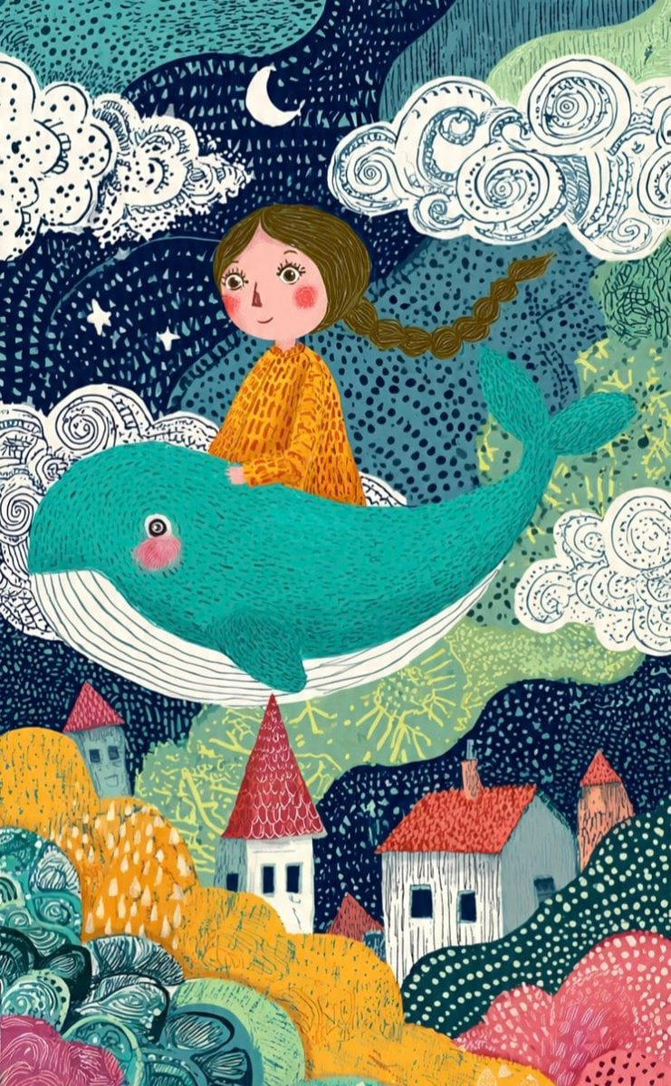 These two illustrations showcase a whimsical, folk-art style characte…