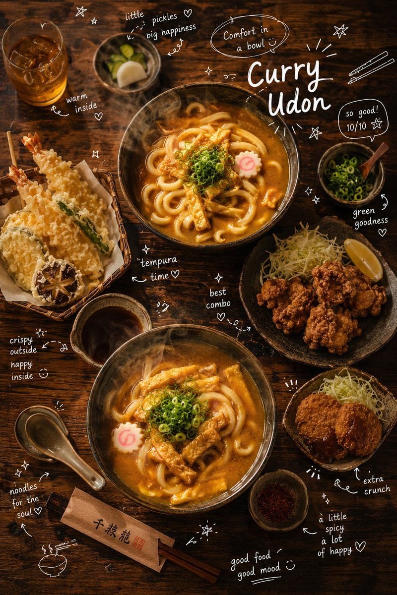 Overhead cinematic food photography of a comforting Japanese curry ud…