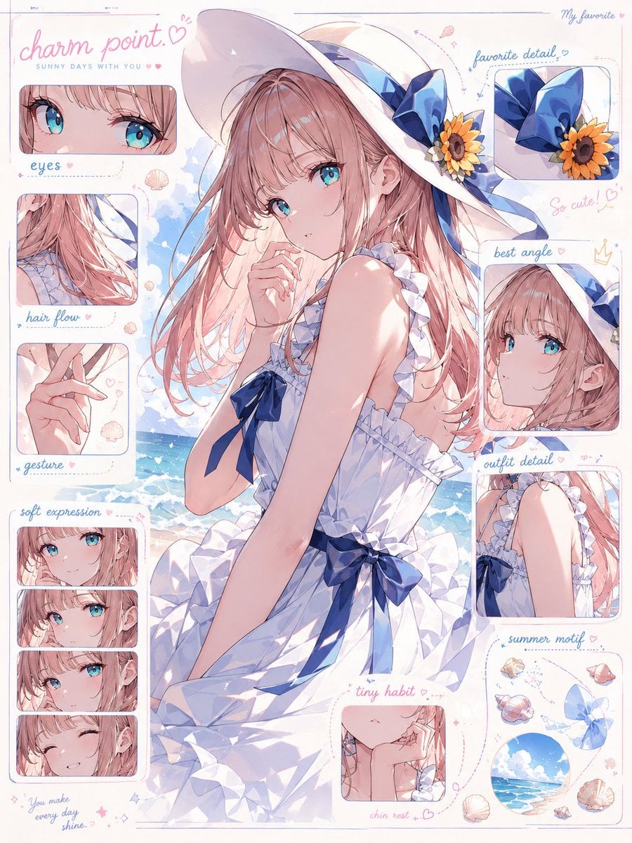 入力されたキャラクター画像をもとに、 そのキャラクターの「魅力解剖図」を1枚のビジュアルとして作成してください。 これは通常のキャラクター…