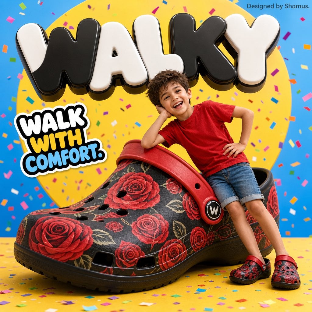 A vibrant children’s shoe advertisement poster featuring a joyful 7-y…