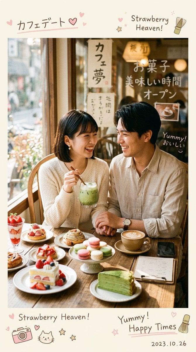 Ultra-realistic cozy Japanese-Korean café photography featuring a cute young [Japanese/Korean] couple sitting…