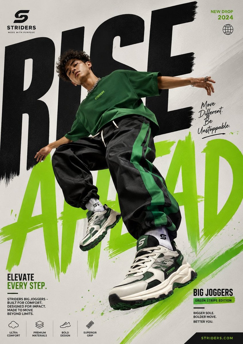 Generate a perfectly graphic designed poster of Shoe advertisement, The character should be in the Air with a…