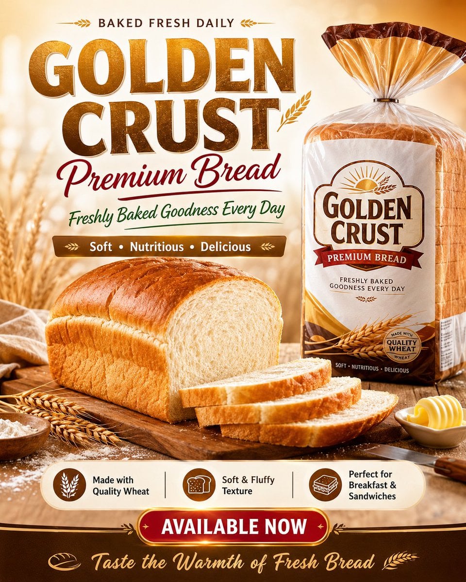 Create a high-quality branded flyer design for a bread product advert…