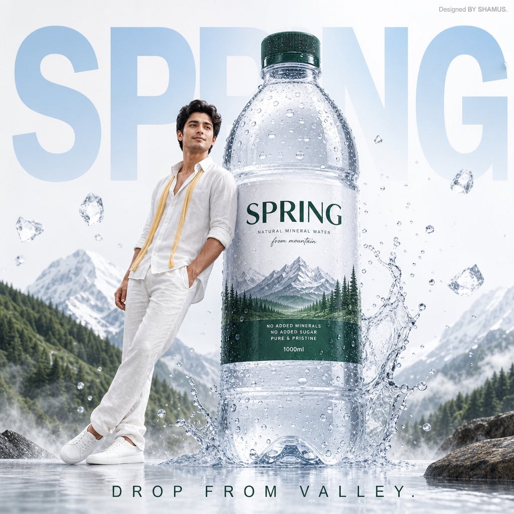 A premium mineral water advertisement poster featuring a fresh-faced…