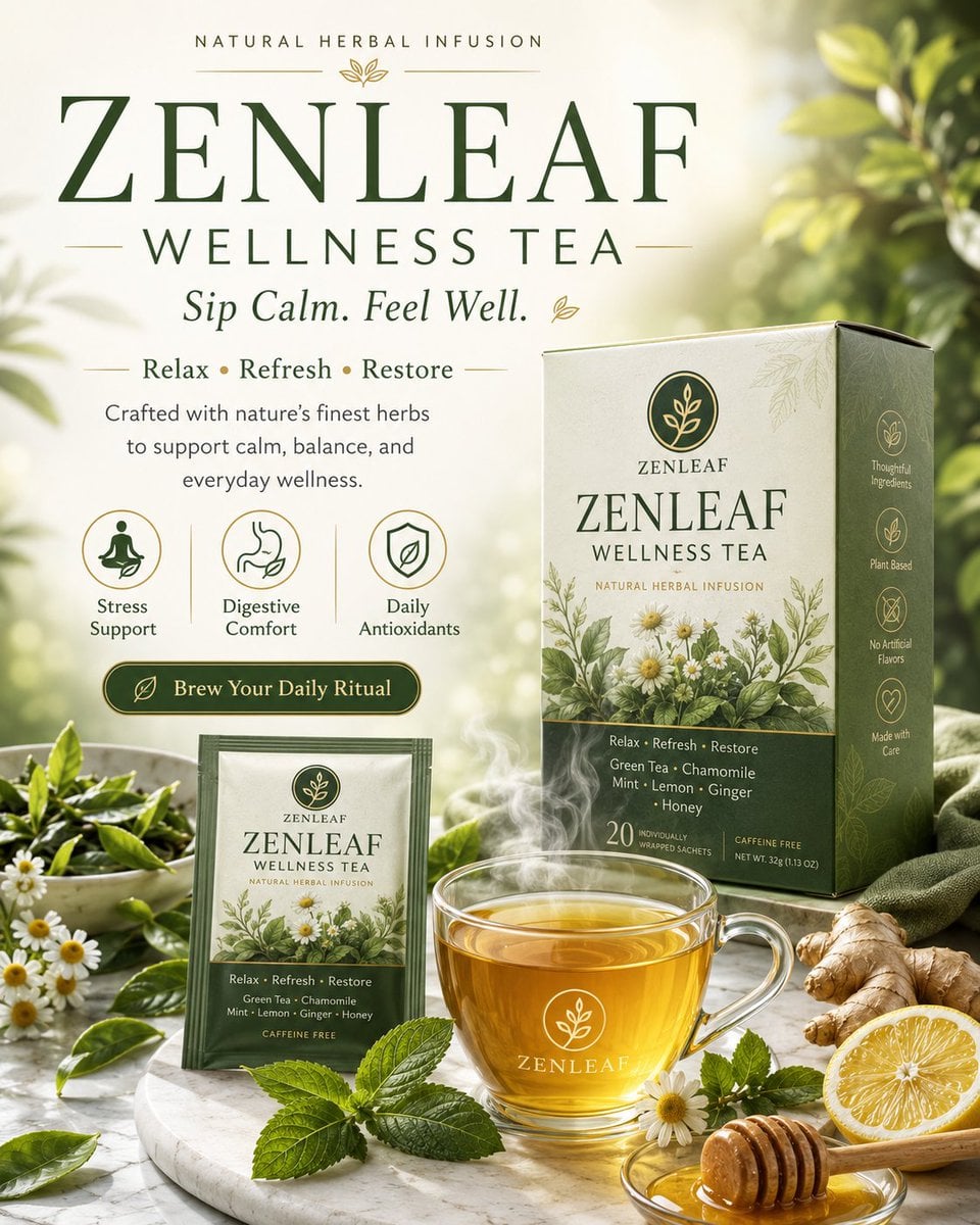 Create a premium wellness advertising poster for a tea brand. Design…