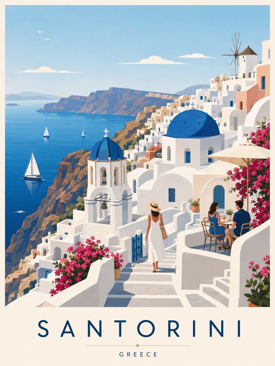 Create a premium editorial travel poster illustration of Santorini, Greece. Style: flat vector illustration,…