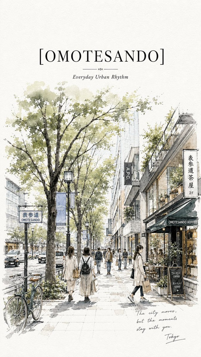 Minimalist ultra-high-resolution travel sketch poster of Omotesando,…