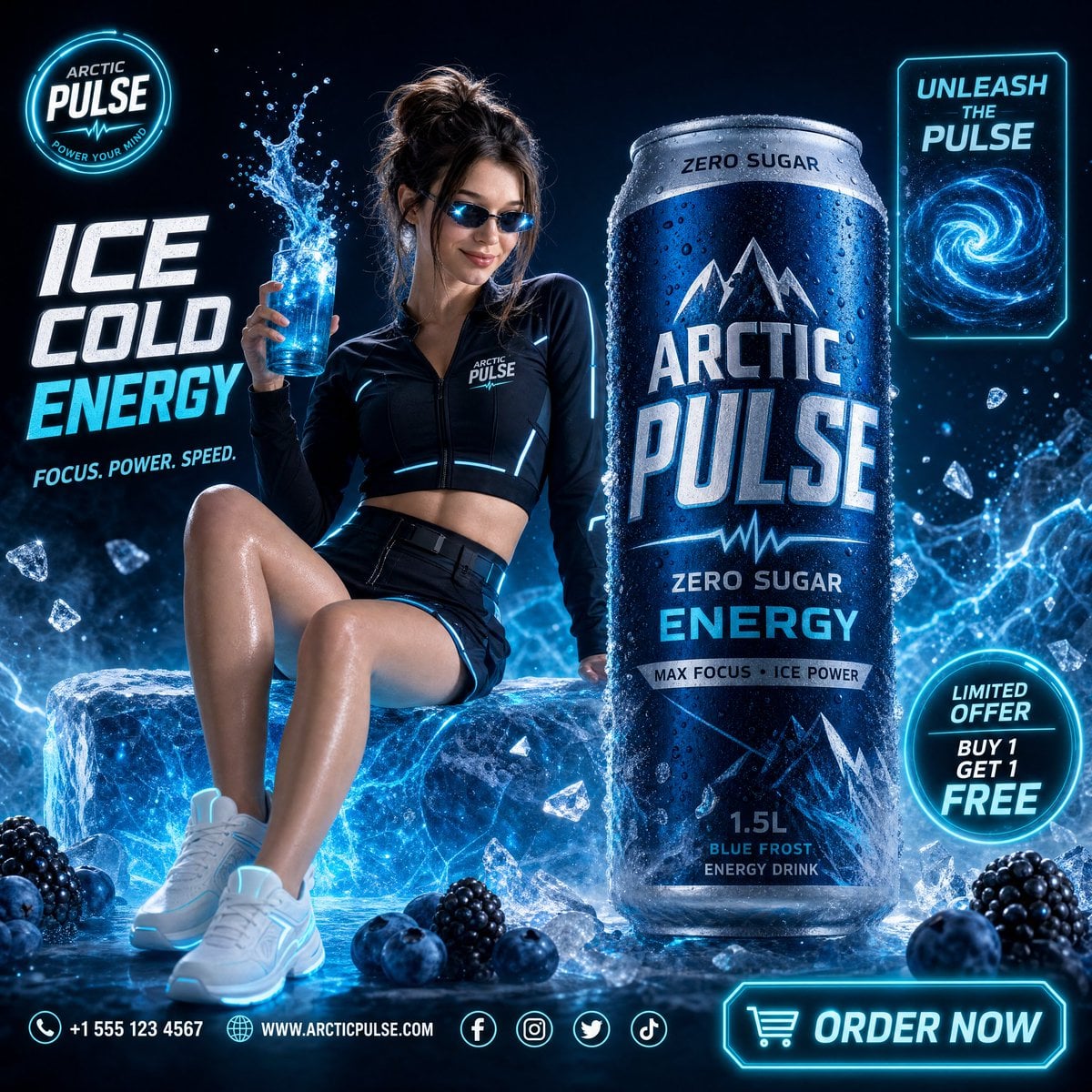 A high-end commercial beverage advertisement for "Arctic Pulse Energy…