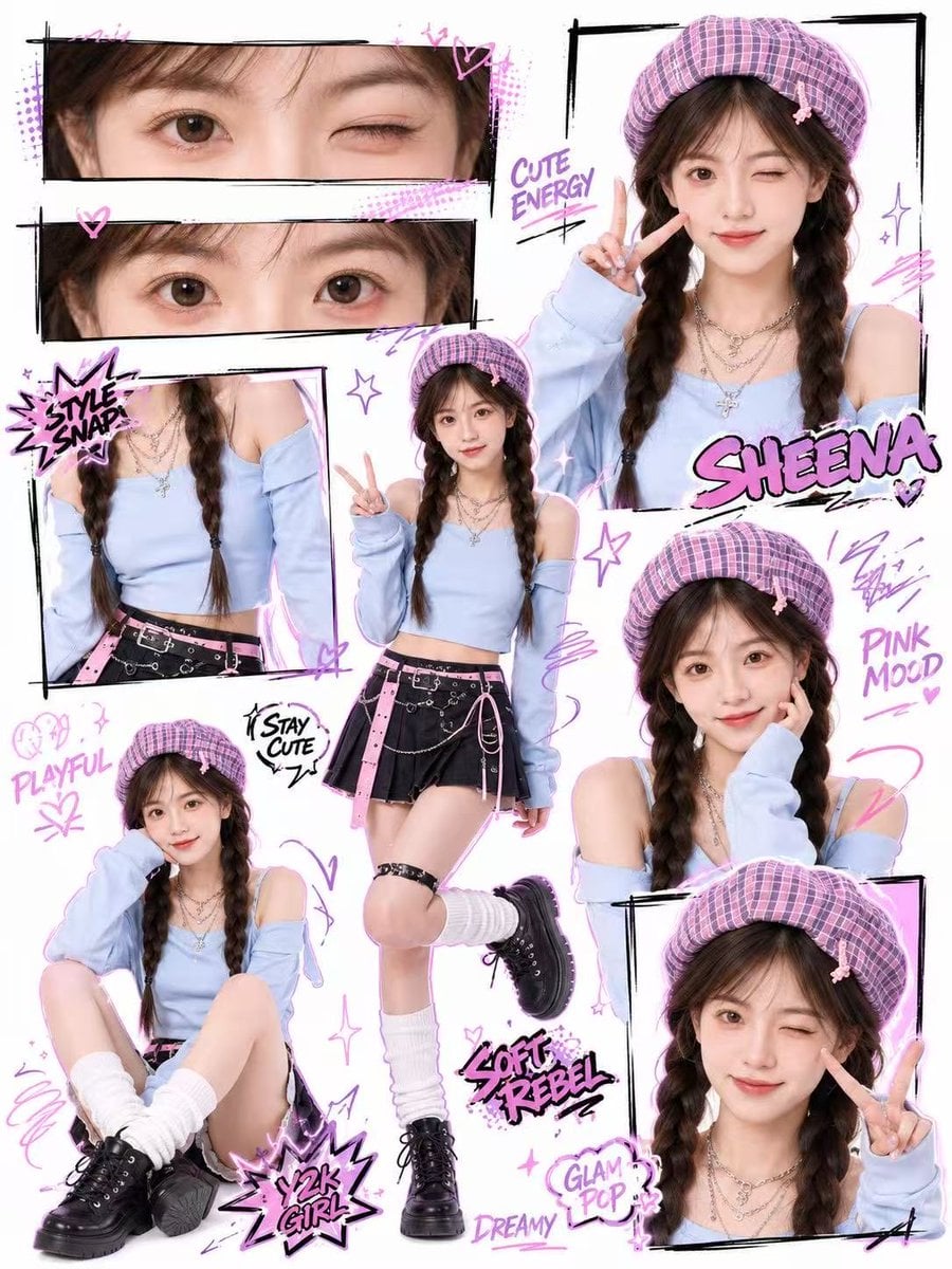 Create a high-quality Y2K kawaii street-style collage poster based on…