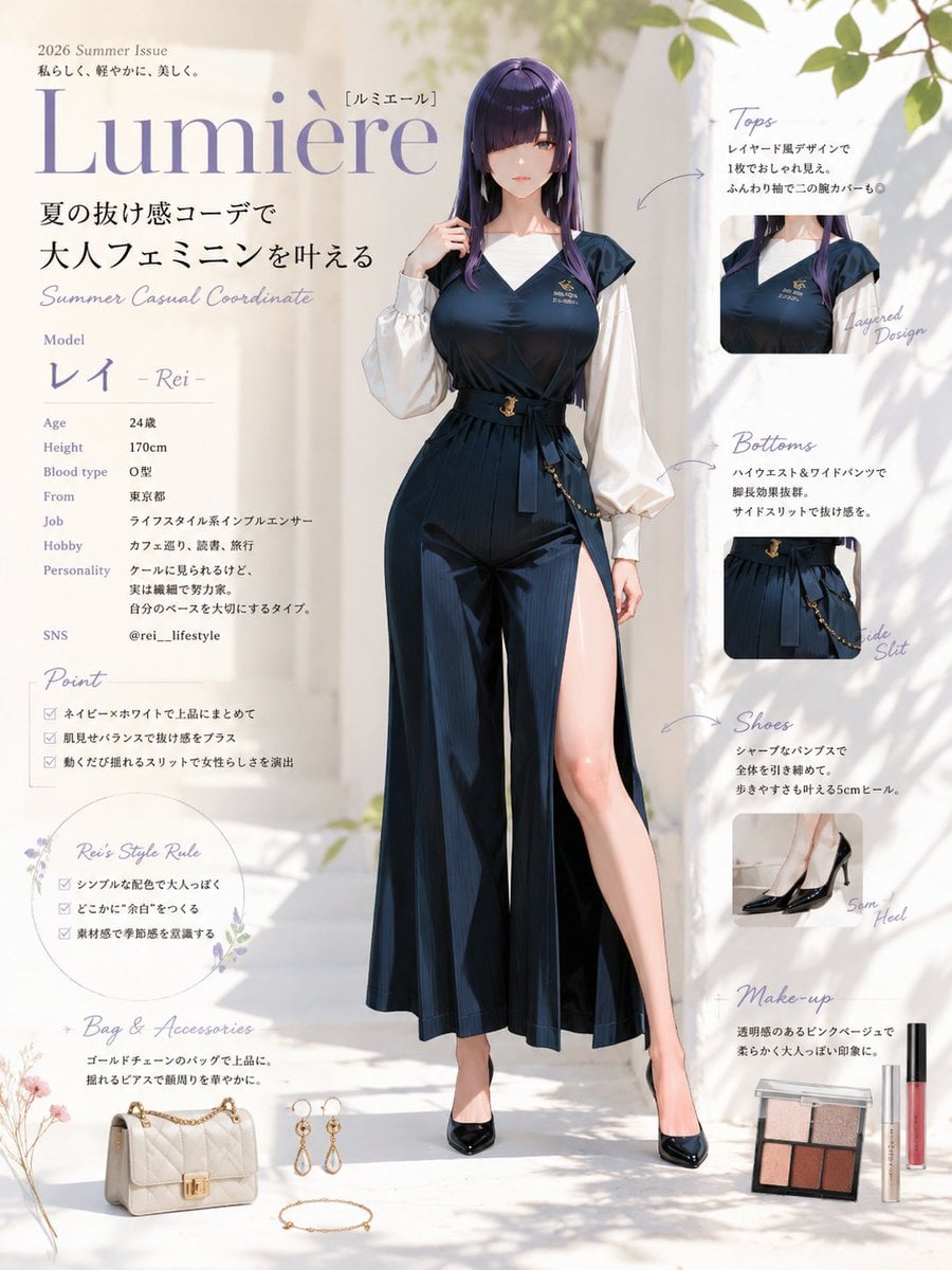 A stylish young woman with sleek, dark violet hair stands in a minima…