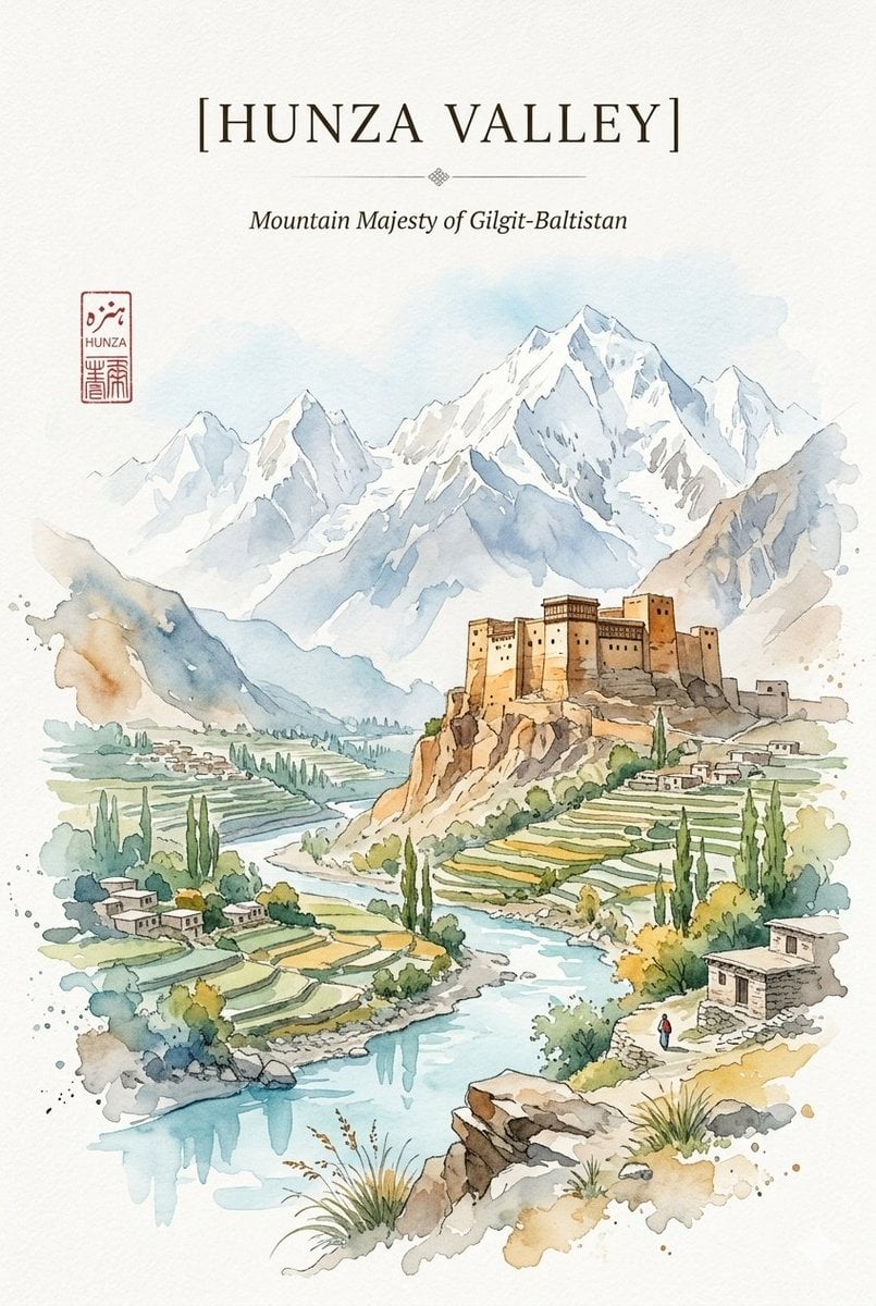 Watercolor travel poster that harmonizes the rugged heritage of the H…