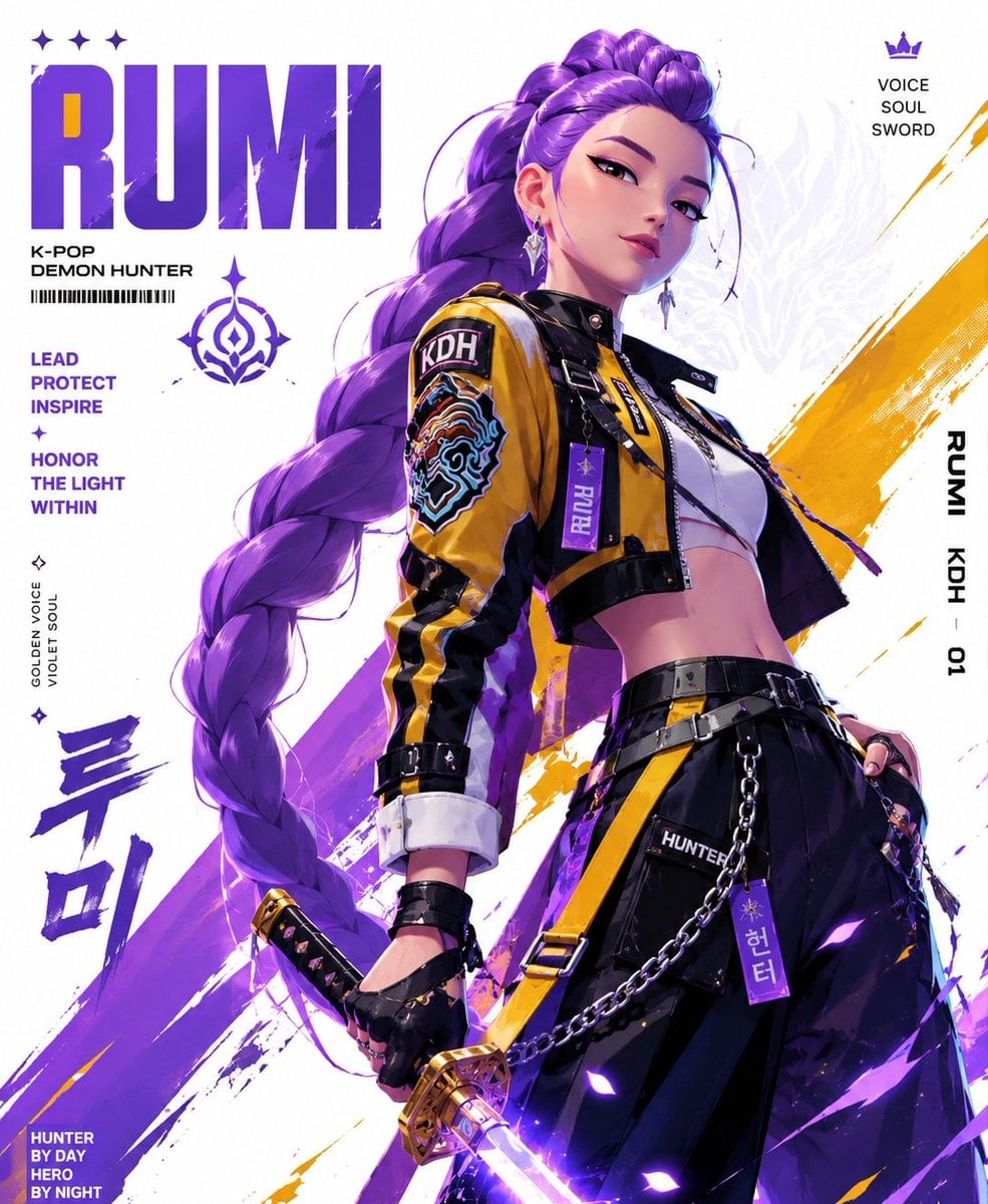 Create a stylized illustration of Rumi from the anime series Kpop dem…