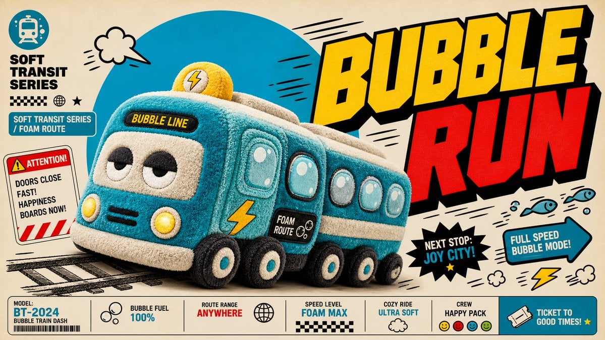 Create an image in the "Plush Comic Toy Product Poster" style. Aspect…