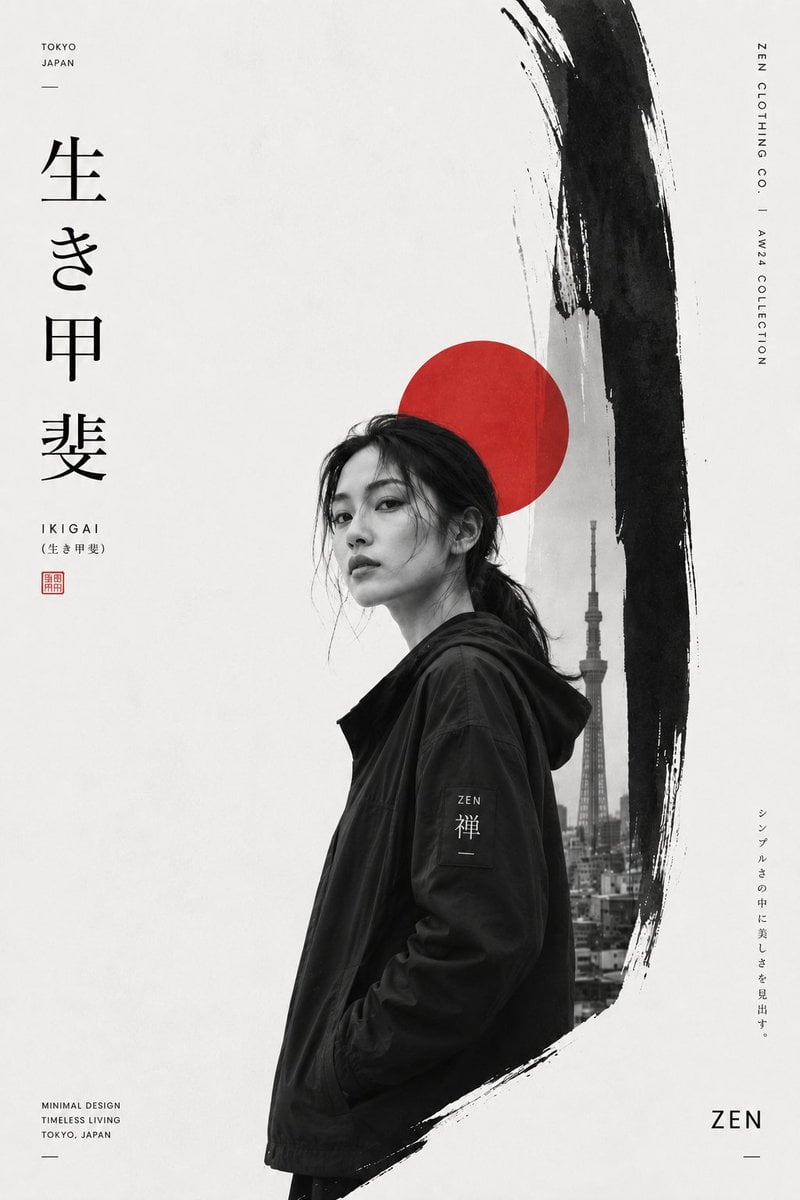 Create a premium Japanese-inspired minimalist fashion editorial poste…