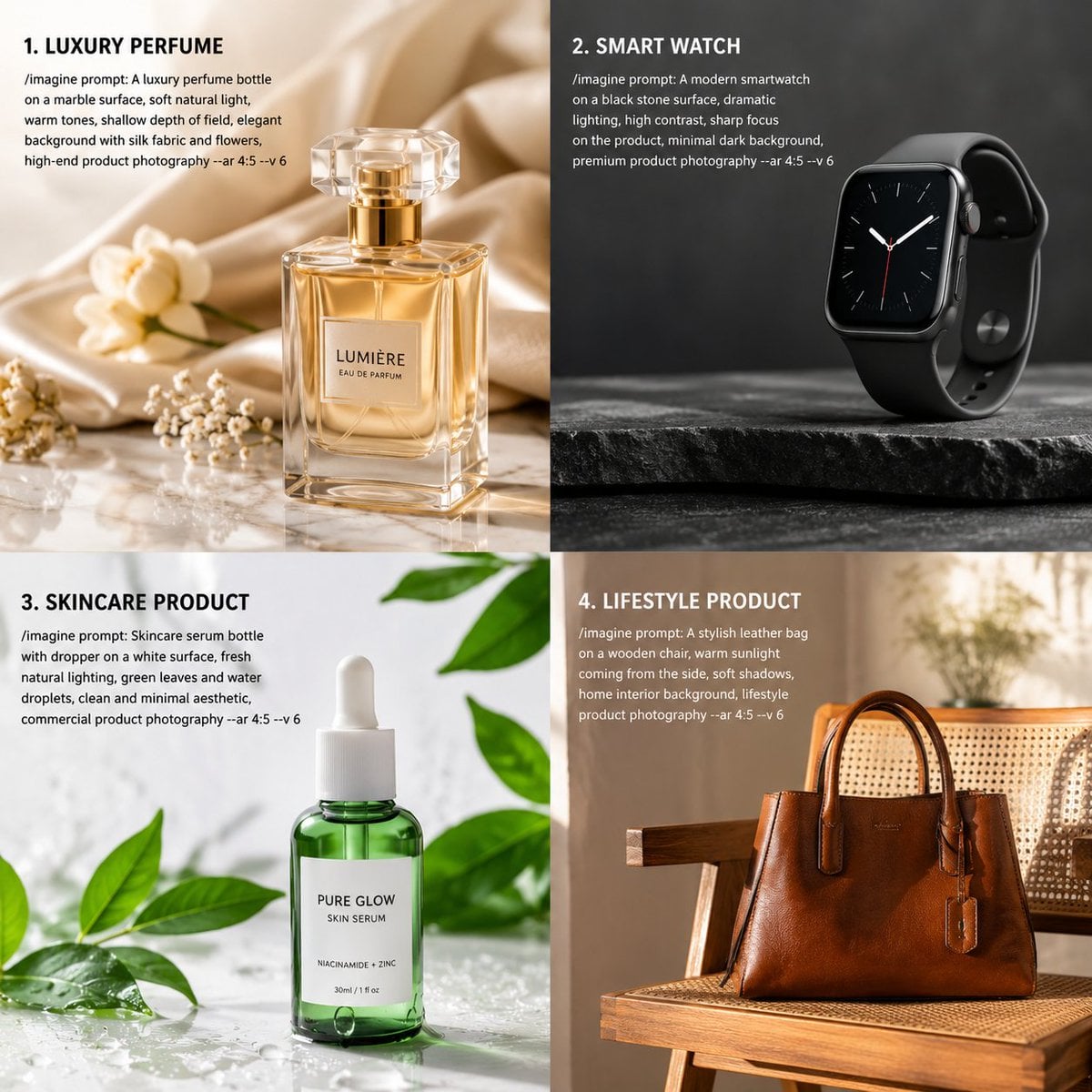 generate High-quality Midjourney prompts for product photography. Eve…