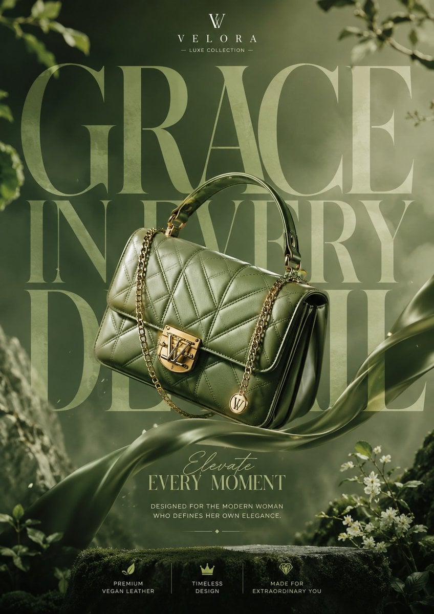 Generate a breathtaking luxury product advertisment of hand bag for g…