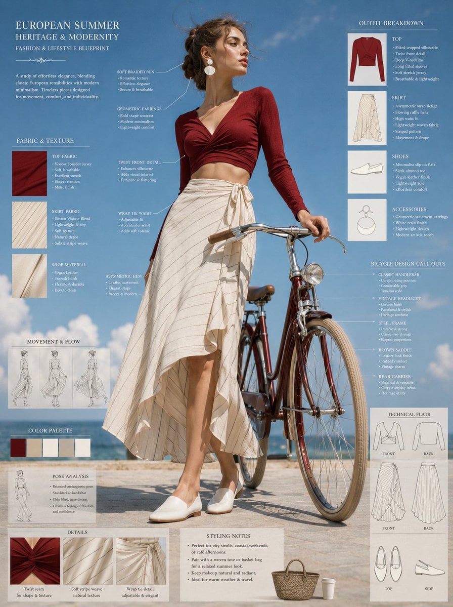 Fashion blueprint sheet of an elegant young woman posing beside a vintage bicycle, full-body low-angle view w…