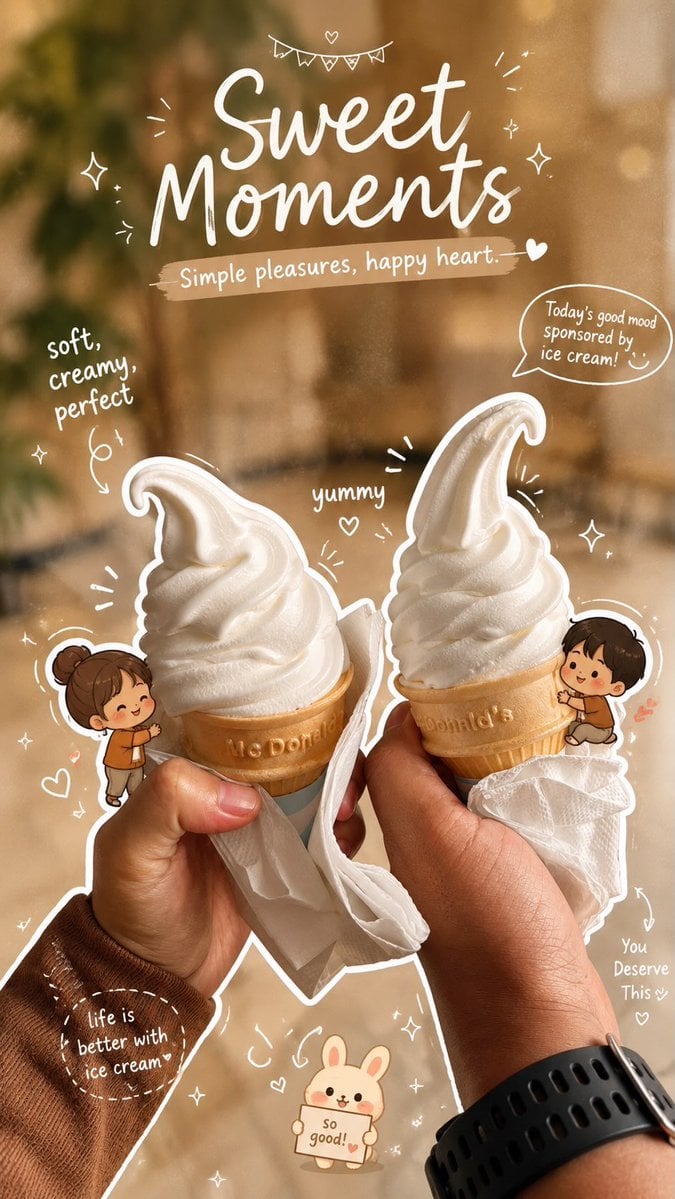 Close-up aesthetic photo of two hands holding vanilla soft serve ice…