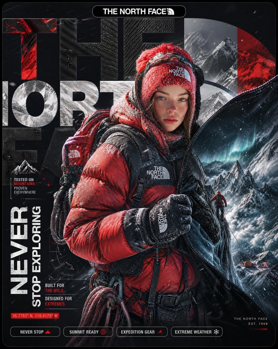 A hyper-detailed surreal advertising poster for The North Face. BACKG…