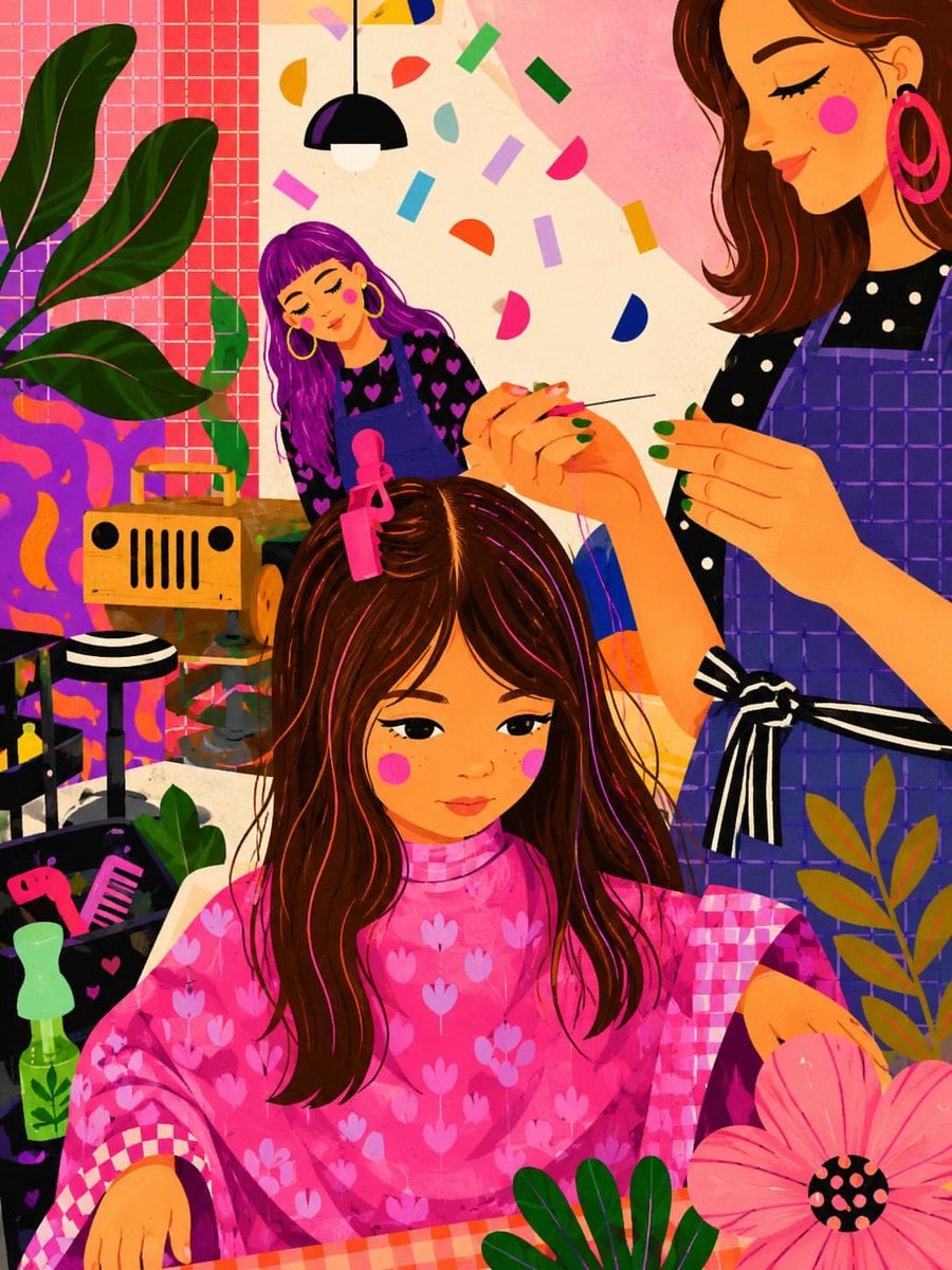 A vibrant whimsical digital illustration of a cozy indie hair salon,…